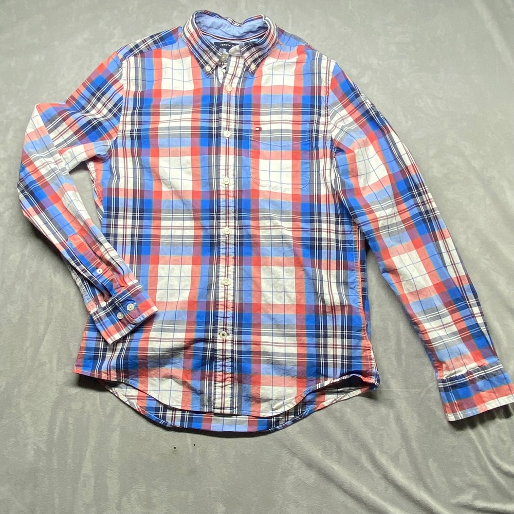 Tommy Hilfiger Custom Fit Plaid Button Down Shirt Men's S/P Blue Red White‎